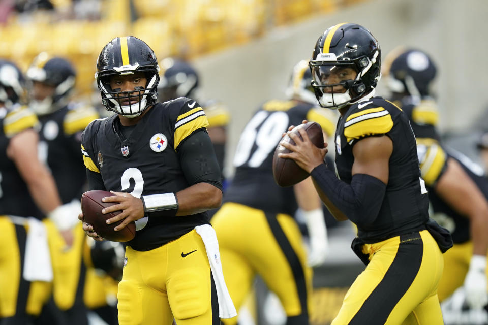 The Steelers are hoping Russell Wilson (left) can put it all together in the preseason finale. If not, he risks having Justin Fields take the starting quarterback job. (AP Photo/Matt Freed)