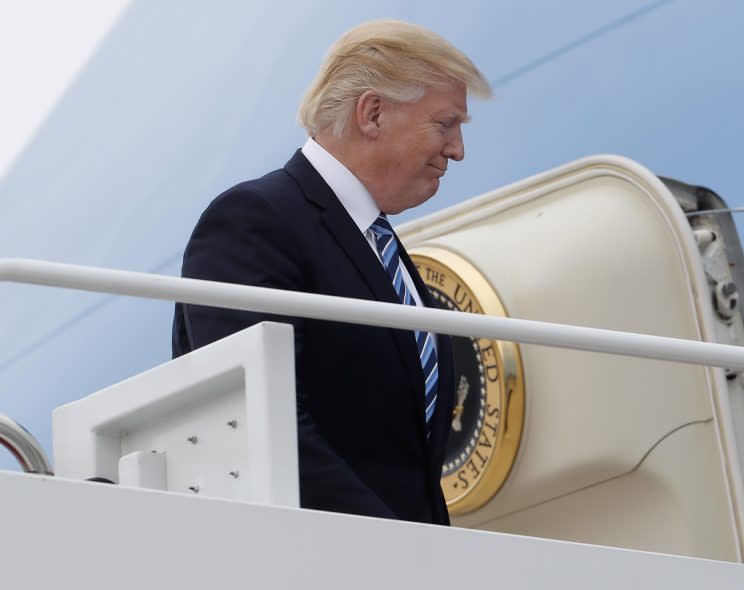 President Trump boards Air Force One before his departure from Andrews Air Force Base in Maryland, Thursday, May 4, 2017. (Photo: Pablo Martinez Monsivais/AP)