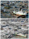 The tsunami-devastated Higashimatsushima city in Miyagi prefecture is seen in these images taken March 12, 2011 (top) and March 3, 2012, in this combination photo released by Kyodo on March 7, 2012, ahead of the one-year anniversary of the March 11 earthquake and tsunami. Mandatory Credit REUTERS/Kyodo