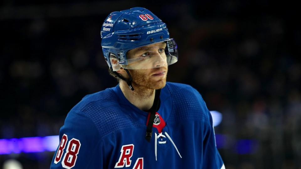 New York Rangers right wing Patrick Kane (88) warms up before the first period against the New Jersey Devils in Game 6.