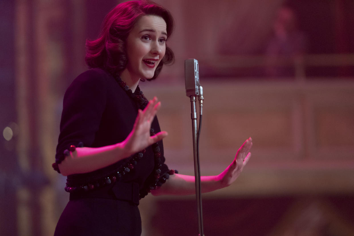 This image released by Amazon Studios shows Rachel Brosnahan in a scene from "The Marvelous Mrs. Maisel." (Christopher Saunders/Amazon Studios via AP)