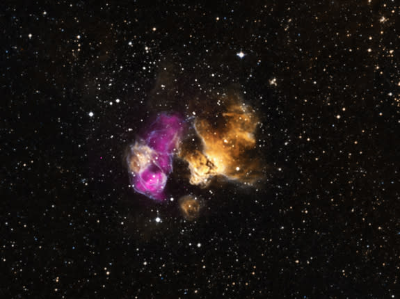 A supernova remnant in the Large Magellanic Cloud about 160,000 light years from Earth. The companion star is visible on the left-hand side of the cloud, just below the white/purple area. The purple is X-ray data from the Chandra X-Ray Observat