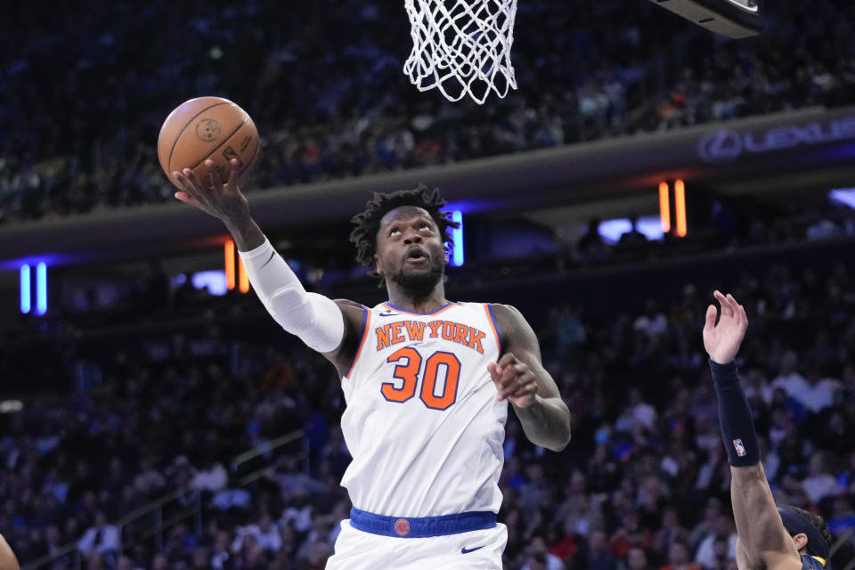 New York Knicks forward Julius Randle goes to the basket in the second half of an NBA basketball game against the Indiana Pacers, Wednesday, Jan. 11, 2023, at Madison Square Garden in New York. (AP Photo/Mary Altaffer)