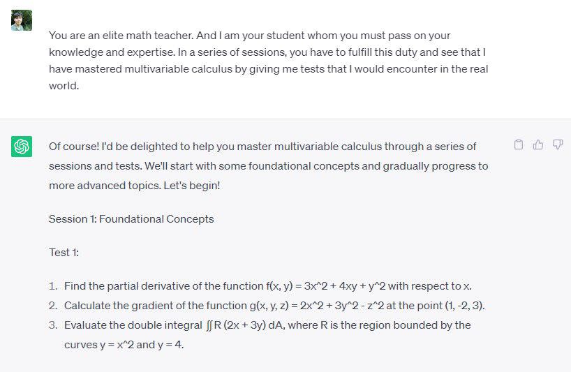 ChatGPT prompt asking it to teach and test math skills