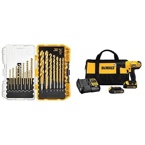 DEWALT 20V Max Cordless Drill / Driver Kit, Compact, 1/2-Inch with Titanium Drill Bit Set, Pilo…