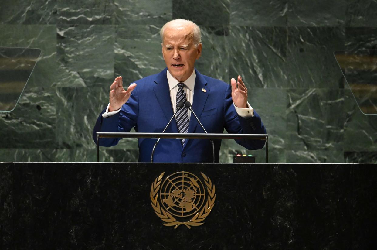 US President Joe Biden addresses the 78th United Nations General Assembly at UN headquarters in New York City on September 19, 2023. Biden told the UN General Assembly on Tuesday that the US sought to "responsibly manage" its rivalry with China to avoid any possible war. (Photo by TIMOTHY A. CLARY / AFP) (Photo by TIMOTHY A. CLARY/AFP via Getty Images) ORIG FILE ID: AFP_33VN7P7.jpg