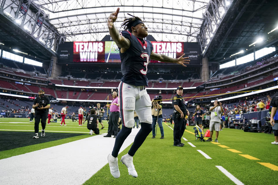 Houston Texans wide receiver Tank Dell reacts following an NFL football game against the Tampa Bay Buccaneers, Sunday, Nov. 5, 2023, in Houston. The Texans won 39-37. (AP Photo/Eric Christian Smith)