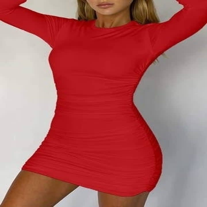 model wearing the red dress