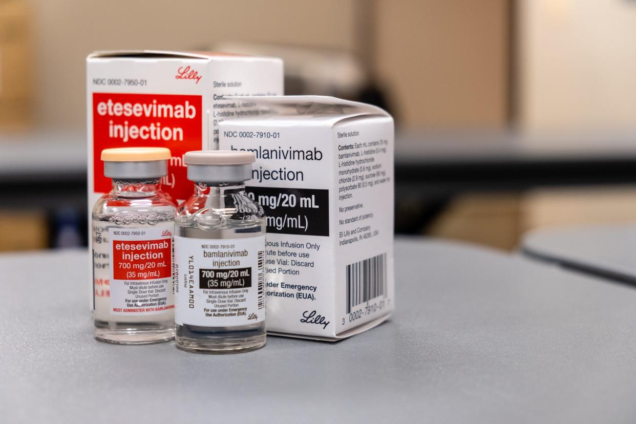 Vials of the two medications used by Tri-Hospital EMS for the monoclonal antibody infusion are displayed on a table in the EMS service's office. Several medical professionals said the therapy has proven to reduce COVID-19 symptoms in high-risk patients and reduce hospitalizations and death.