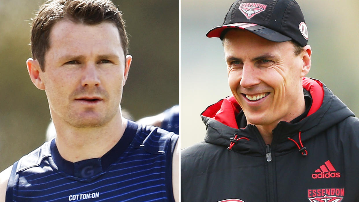 Patrick Dangerfield and Matthew Lloyd, pictured here in action at AFL training sessions.