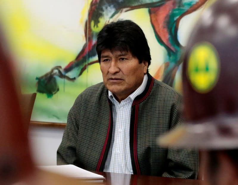 Bolivia's President Evo Morales is seen during a meeting with miners leaders at the presidential palace in La Paz