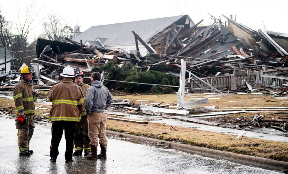 What is left of a Presbyterian church is seen in the damage from a tornado touchdown in Wetumpka, Ala., on Saturday afternoon January 19, 2019.