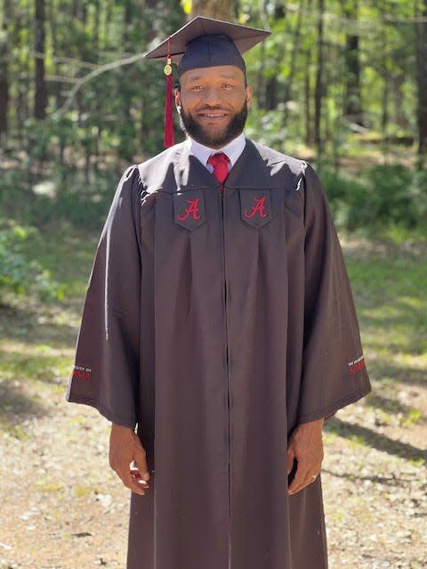 Former Alabama RB Jimmy Johns, 35, graduates from the University of Alabama on Friday.