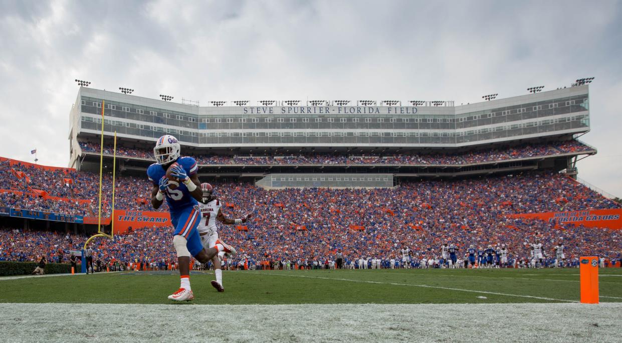 Ahmad Fuelwood (L) scores a touchdown past Jamarcus King at Ben Hill Griffin Stadium on November 12, 2016 in Gainesville, Florida. (Photo by Rob Foldy/Getty Images)