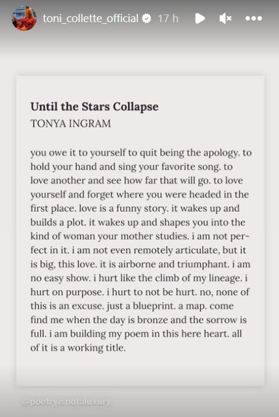 Collette shared this poem from US-based activist Tony Ingram (Instagram/ToniCollette)