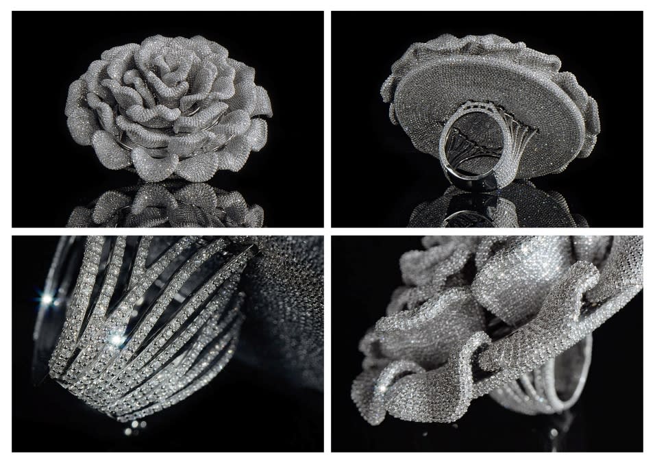 Four shots from different angles of a ring made up of 24,679 diamonds in the shape of an oyster mushroom