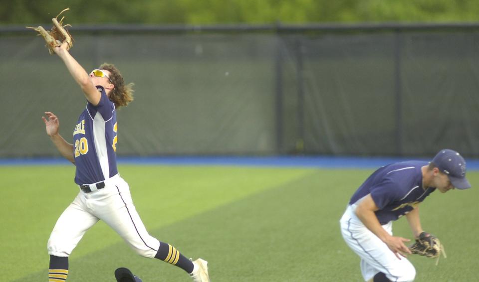 Hillsdale High School's Ethan Goodwin (20)during the Div IV Regional baseball final at Gilmour Academy between Hillsdale and Tiffin Calvert Friday June 3,2022 Calvert  defeated the Falcons.  STEVE STOKES/FOR TIMES-GAZETTE.COM