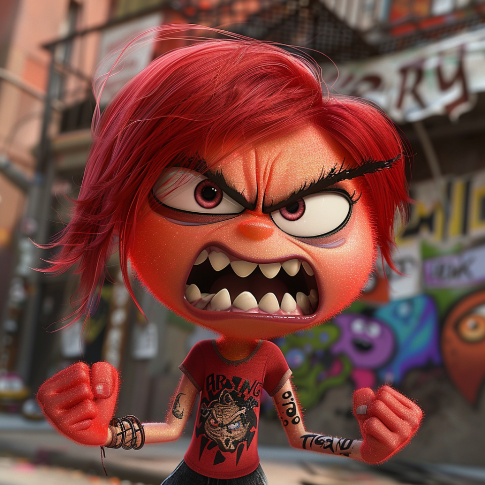 Anger from Pixar's "Inside Out" with fierce expression, clenched fists, red shirt, and punk-styled hair, stands against a vibrant street-art background