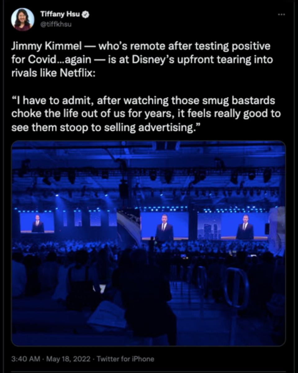 Jimmy Kimmel roasts Netflix over switch to ad model at 2022 Disney Upfront presentation (Twitter/Tiffany Hsu)