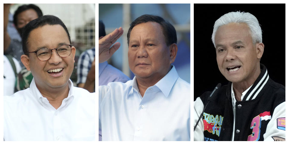FILE - This combo photo shows Indonesian presidential candidates, from left, Anies Baswedan, Prabowo Subianto and Ganjar Pranowo. Indonesians on Wednesday, Feb. 14, 2024 will elect the successor to popular President Joko Widodo, who is serving his second and final term. It is a three-way race for the presidency among current Defense Minister Prabowo Subianto and two former governors, Anies Baswedan and Ganjar Pranowo. (AP Photo, File)