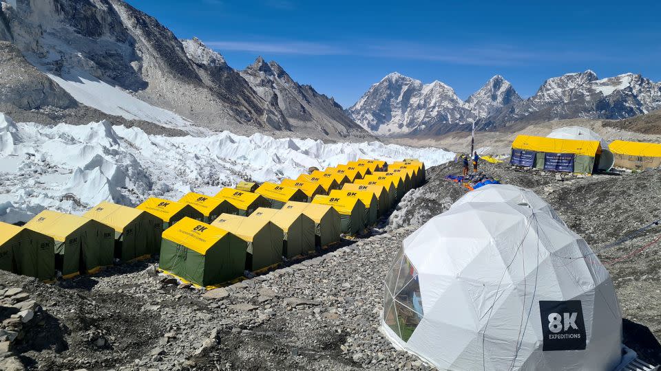 Tents of mountaineers are pictured at Everest base camp in the Mount Everest region of Solukhumbu district on April 18, 2024. - Purnima Shrestha/AFP/Getty Images