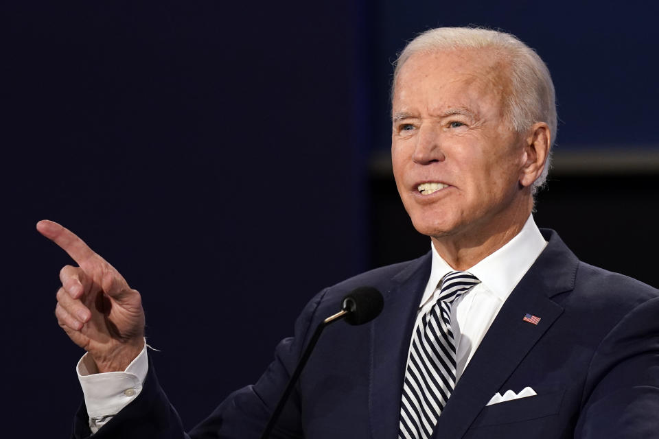 Democratic presidential candidate former Vice President Joe Biden speaks during the first presidential debate with President Donald Trump Tuesday, Sept. 29, 2020, at Case Western University and Cleveland Clinic, in Cleveland, Ohio. (AP Photo/Patrick Semansky)