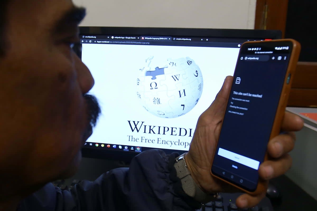 A man looks at a mobile phone showing the blocked internet access to the Wikipedia website, in Karachi, Pakistan (EPA)