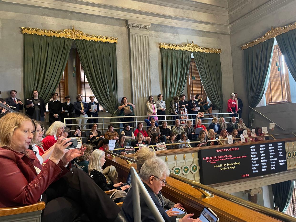Advocates for gun reform fill the Senate gallery at the Tennessee Capitol during a floor session on Tuesday, April 9, 2024, in Nashville, Tenn.