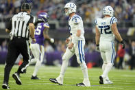 Indianapolis Colts quarterback Matt Ryan (2) reacts after an incomplete pass during the second half of an NFL football game against the Minnesota Vikings, Saturday, Dec. 17, 2022, in Minneapolis. (AP Photo/Abbie Parr)