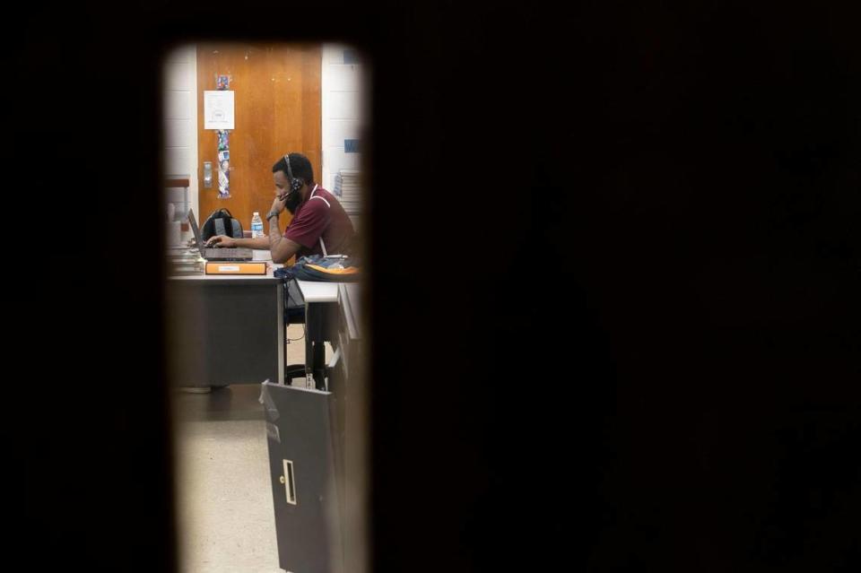 Warren County High School coach Toriano McRae Jr. teaches his Microsoft Word class virtually from his empty classroom on Tuesday, February, 2, 2021 in Warrenton, N.C.