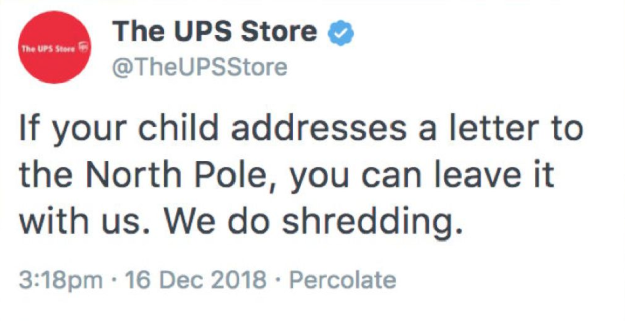 UPS deleted a tweet informing parents that it can shred their child’s letter to Santa. (Photo: Twitter)