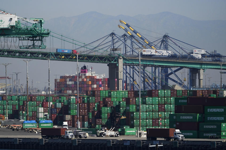 Containers are stacked at the Port of Los Angeles in Los Angeles, Friday, Oct. 1, 2021. / Credit: Jae C. Hong / AP