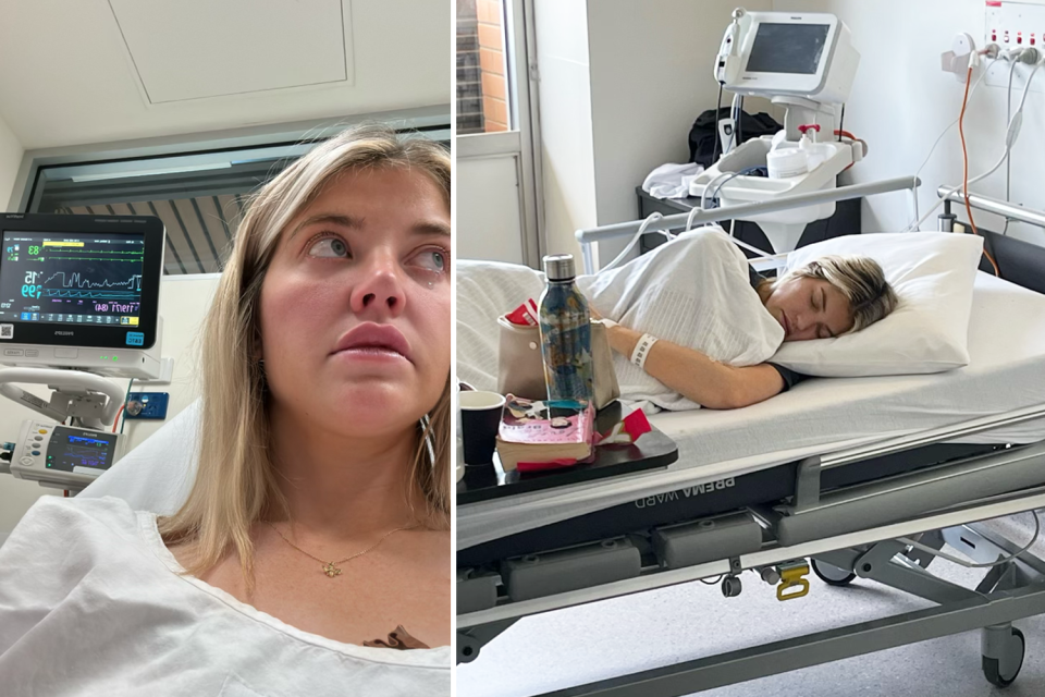 Love Island Australia winner Anna McEvoy cries on a hospital bed with a monitor behind her (left) and she lies on a hospital bed sleeping (right). 