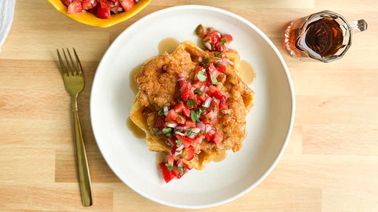 chicken and waffles with strawberry salsa