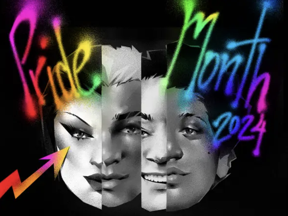 Text in vibrant, colorful graffiti style reads, "Pride Month 2024" above black and white images of three faces side by side, with an arrow pointing upwards