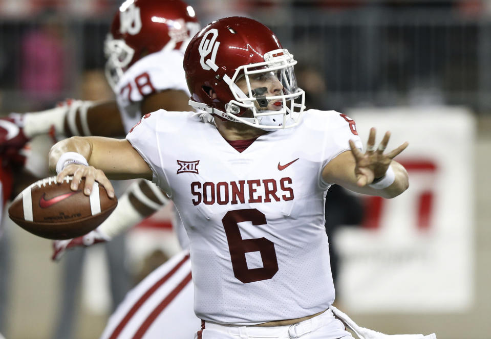 Oklahoma quarterback Baker Mayfield drops back to pass against Ohio State during the first half of an NCAA college football game Saturday, Sept. 9, 2017, in Columbus, Ohio. (AP Photo/Jay LaPrete)