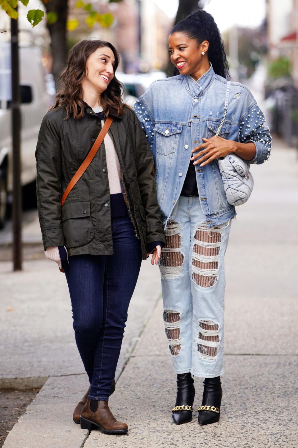 <p>Costars Sara Bareilles and Renée Elise Goldsberry are seen filming comedy series <em>Girls5Eva</em> in N.Y.C. on Tuesday.</p>
