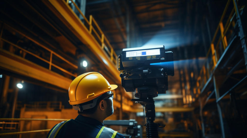 A worker using an industrial grade lidar sensor, revealing the efficiency of the company's industrial solutions.