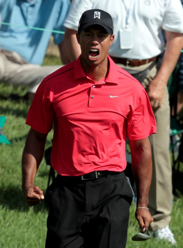 FILE PHOTO: Tiger Woods reacts after a birdie on the 16th hole during the final round of the Memorial Tournament at Muirfield Village Golf Club in Dublin, Ohio.