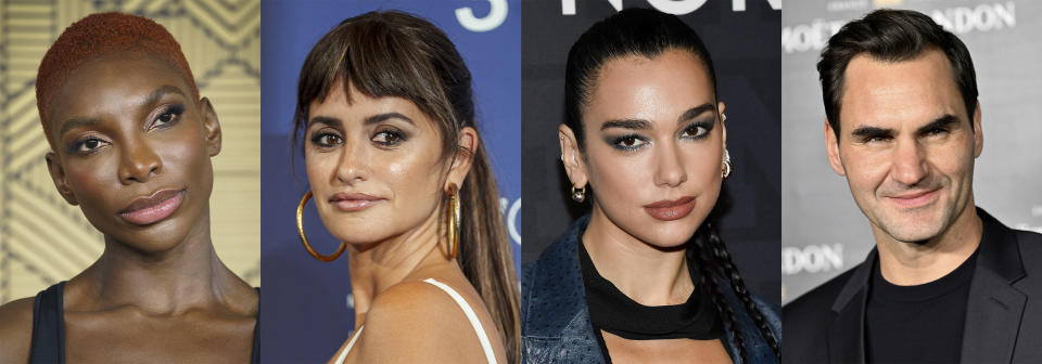 This combination of photos shows Michaela Coel, from left, Penelope Cruz, Dua Lipa and Roger Federer who will co-chair the Met Gala on May 1. (AP Photo)