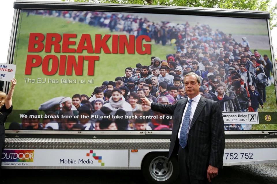 Ukip leader Nigel Farage launches a contentious new EU referendum poster campaign in Smith Square, London, in June 2016 (Philip Toscano / PA Wire)