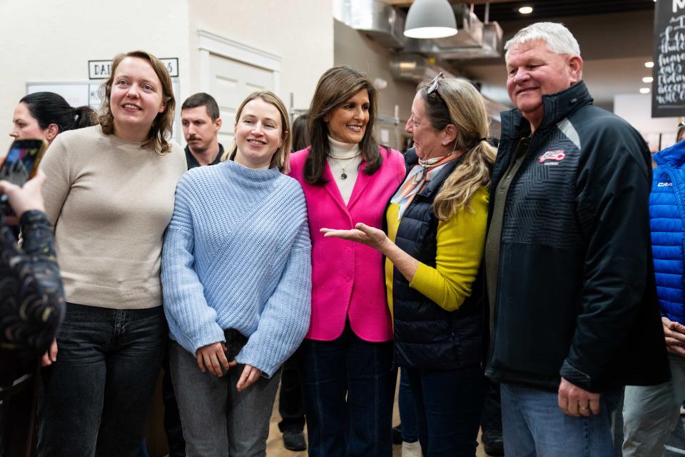 Former U.N. Ambassador Nikki Haley meets with supporters during a stop in Pella Monday, Jan. 15, 2024, at The Bread Board.