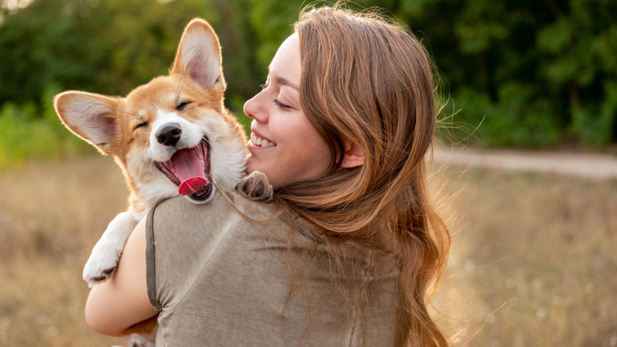  Girl carrying corgi, smiling. 