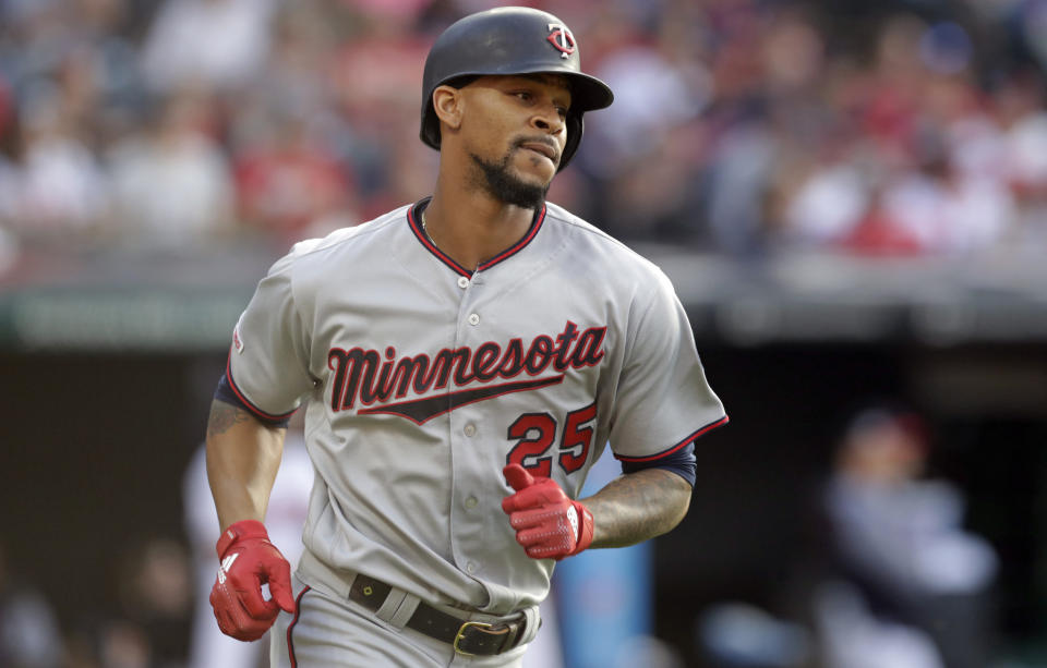 FILE - In this June 5, 2019, file photo, Minnesota Twins' Byron Buxton runs the bases after hitting a three-run home run in the second inning of the team's baseball game against the Cleveland Indians in Cleveland. Buxton is among the players who probably benefited from baseball's virus-induced delay. The oft-injured Twins speedster was coming off a major shoulder surgery. (AP Photo/Tony Dejak, File)