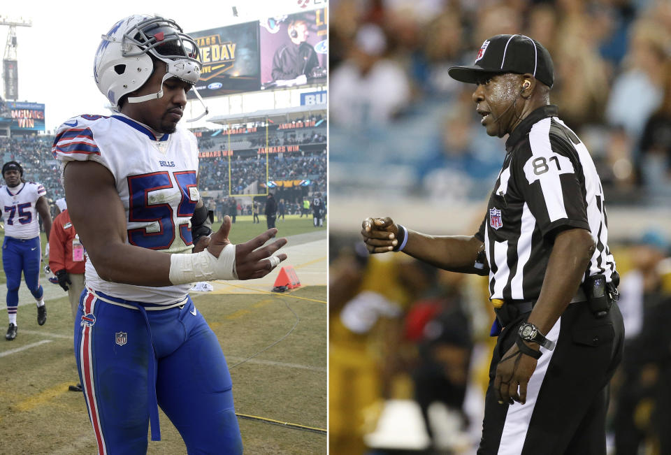 Bills DE Jerry Hughes (left) and official Roy Eliison were both fined for a confrontation after a game. (AP photos)