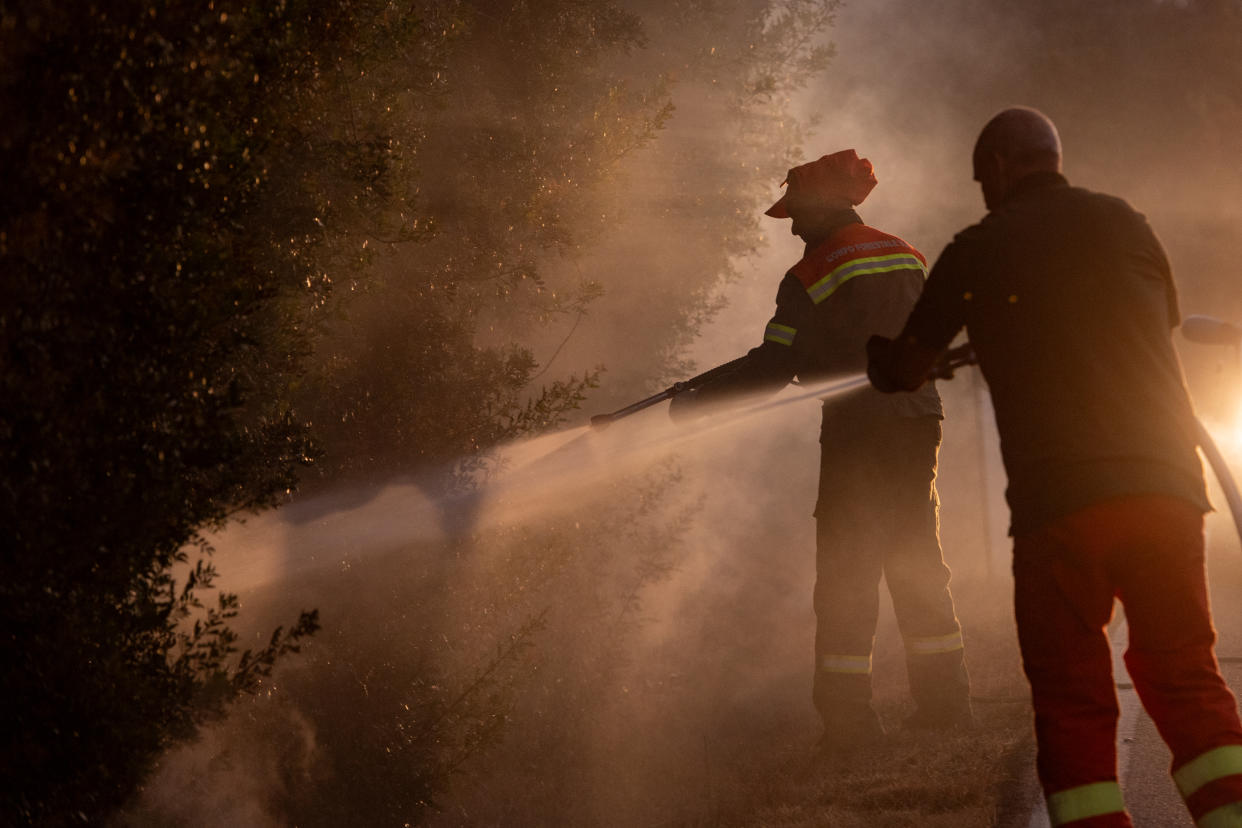 POSADA, ITALY - AUGUST 07: A wildfire burns in Posada in the province of Nuoro on August 07, 2023 in Posada, Italy. A number of homes and resorts in the area have been evacuated as strong mistral winds help fuel the flames, being tackled by firefighting and civil protection teams along with helicopters and Canadair aircraft. (Photo by Emanuele Perrone/Getty Images)