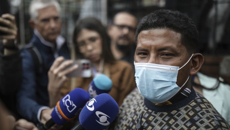 Manuel Ranoque, the father of two of the youngest Indigenous children who survived an Amazon plane crash that killed three adults, and then braved the jungle for 40 days before being found alive, speaks to the media from the entrance of the military hospital where the children are receiving medical attention, in Bogota, Colombia, Sunday, June 11, 2023. 