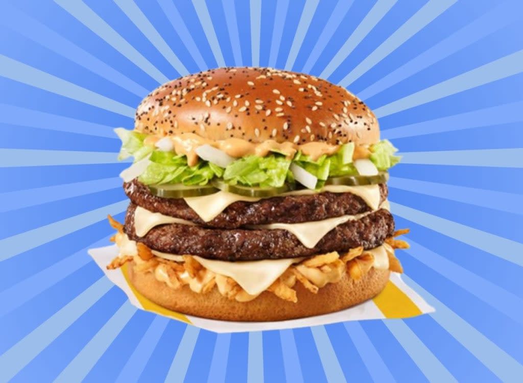 McDonald's Big Arch burger on striped blue background