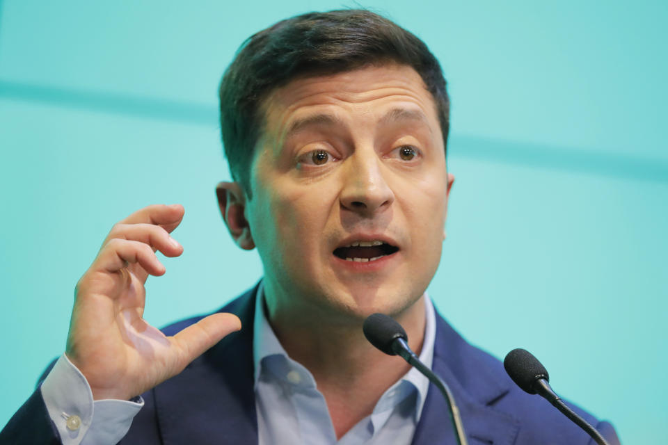 Ukrainian comedian and presidential candidate Volodymyr Zelenski speaks to his supporters at his headquarters after the second round of presidential elections in Kiev, Ukraine, Sunday, April 21, 2019. Ukrainians voted on Sunday in a presidential runoff as the nation's incumbent leader struggles to fend off a strong challenge by a comedian who denounces corruption and plays the role of president in a TV sitcom. (AP Photo/Vadim Ghirda)