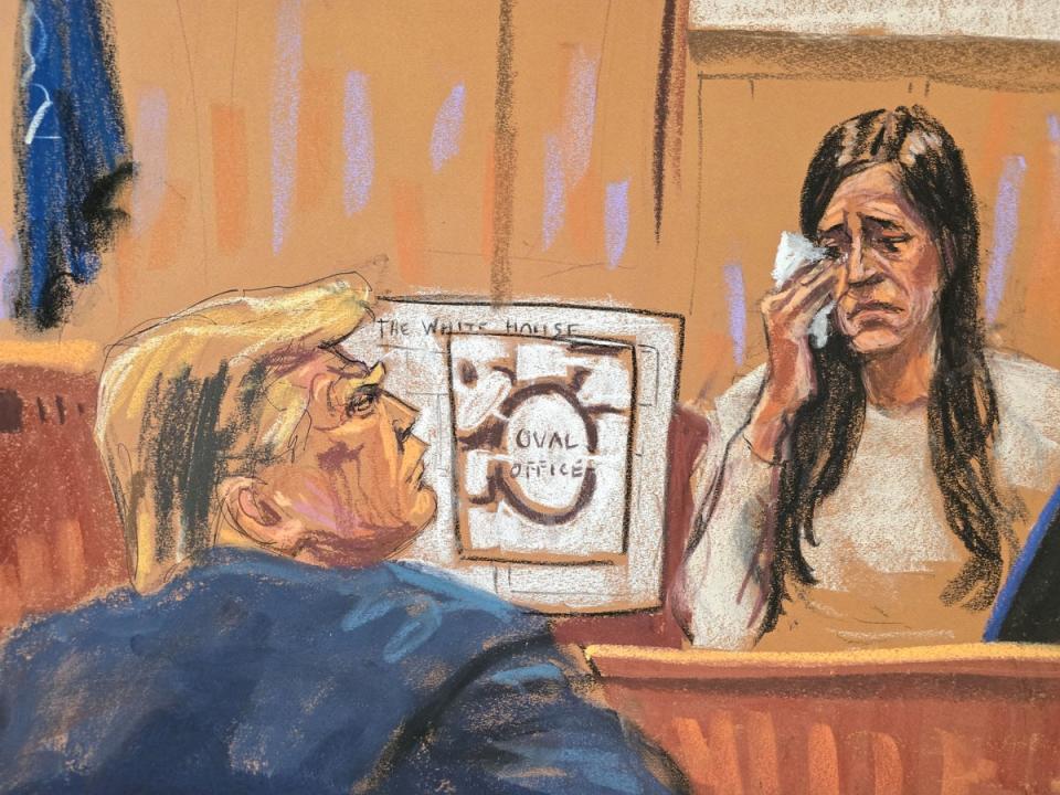 A courtroom sketch depicts former White House aide  Madeleine Westerhaut testifying during Donald Trump’s criminal trial in Manhattan on 9 May. (REUTERS)